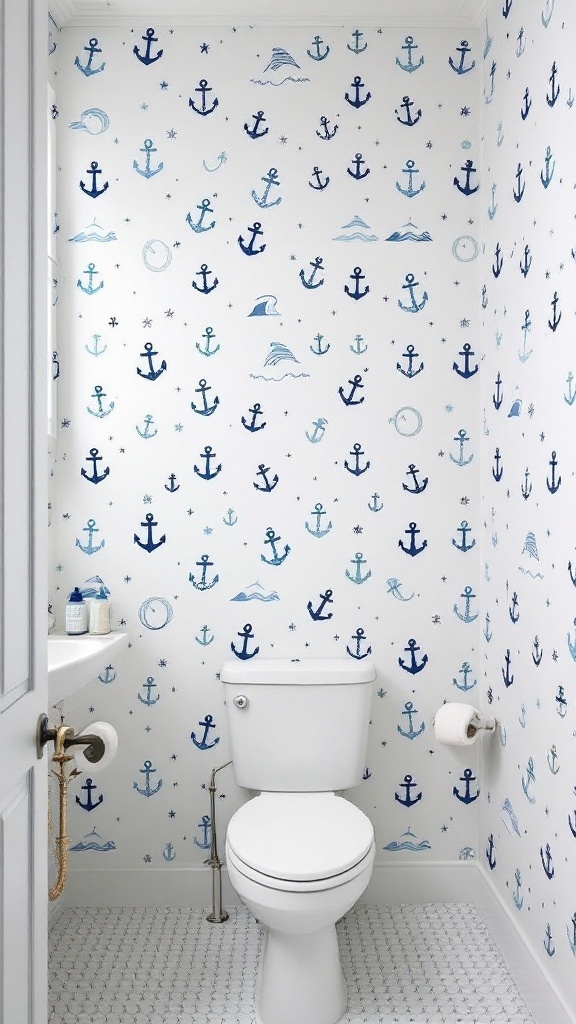 Nautical-themed bathroom with blue anchor wallpaper and white fixtures.