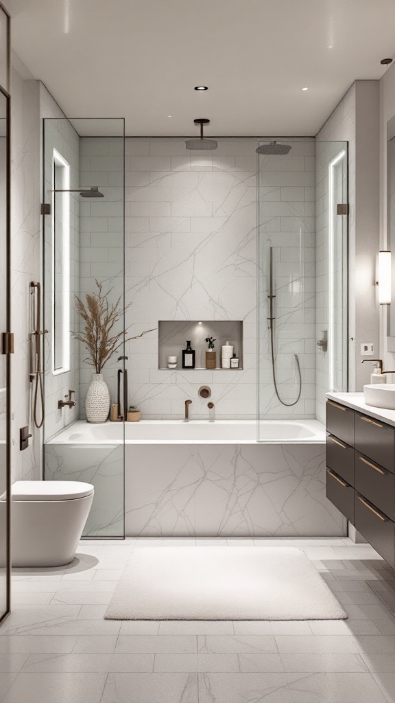 Open concept wet room bathroom featuring a tub and shower