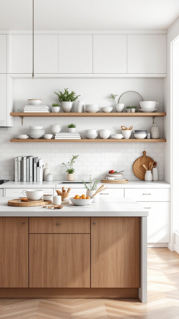 A kitchen with open shelving displaying plates, bowls, and plants above a kitchen island.