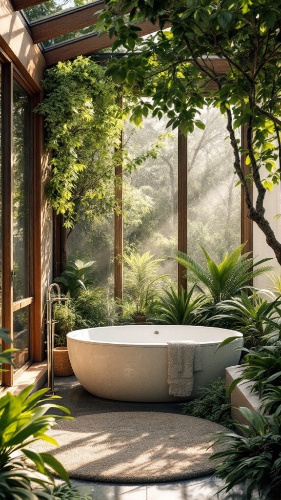 A serene outdoor-inspired wet room with a freestanding tub surrounded by plants and large windows.