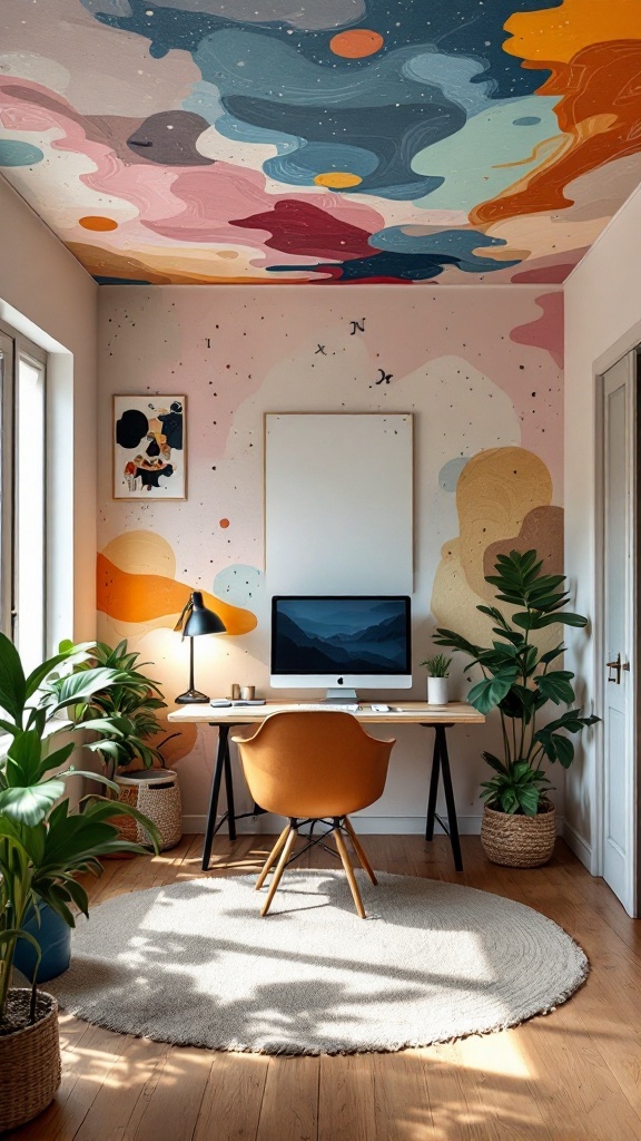 Colorful painted ceiling mural in a modern home office setting