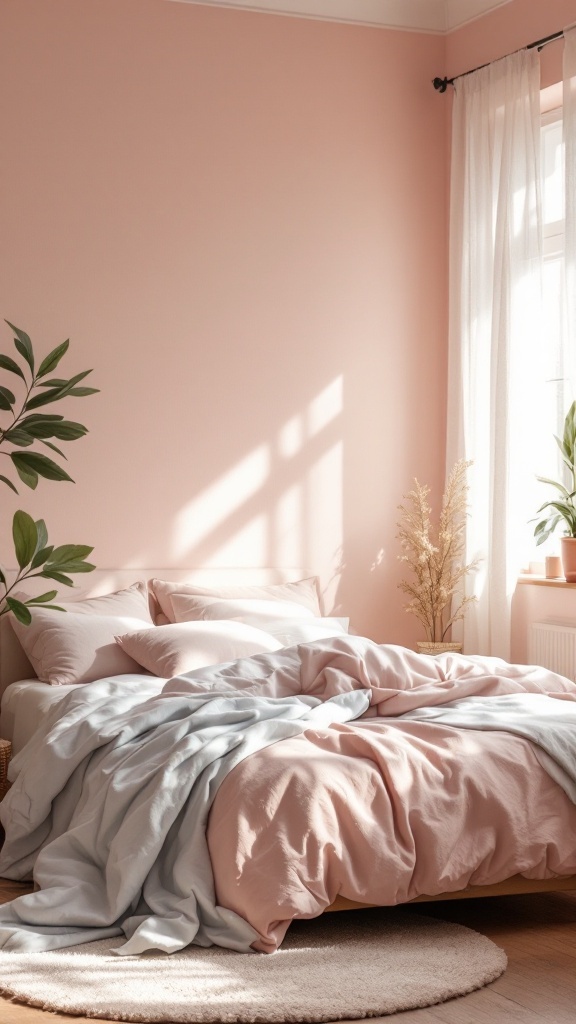 A cozy bedroom featuring a pastel color palette with pink walls and soft blue bedding.