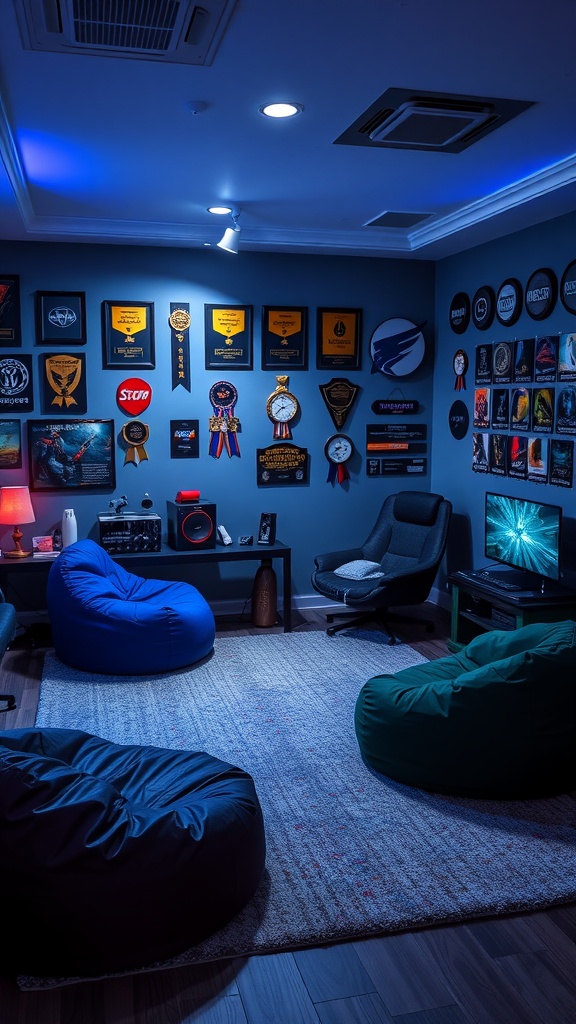 A cozy gaming room decorated with trophies and posters, featuring colorful bean bags and a TV.