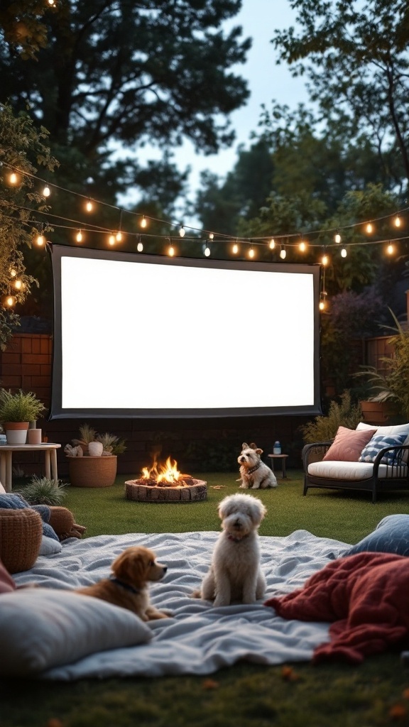 A cozy outdoor cinema setup featuring dogs, blankets, and a movie screen under string lights.