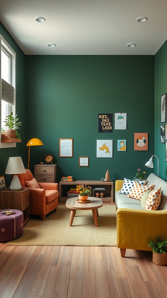 A playful living room featuring dark green walls, colorful furniture, and decorative accents.