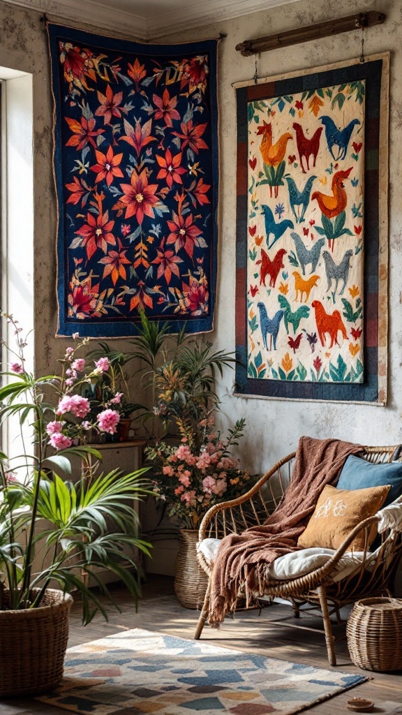 Cozy living space with quilted wall hangings featuring floral and animal designs.