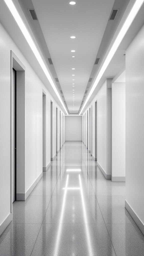 A modern hallway featuring recessed lighting and sleek design.