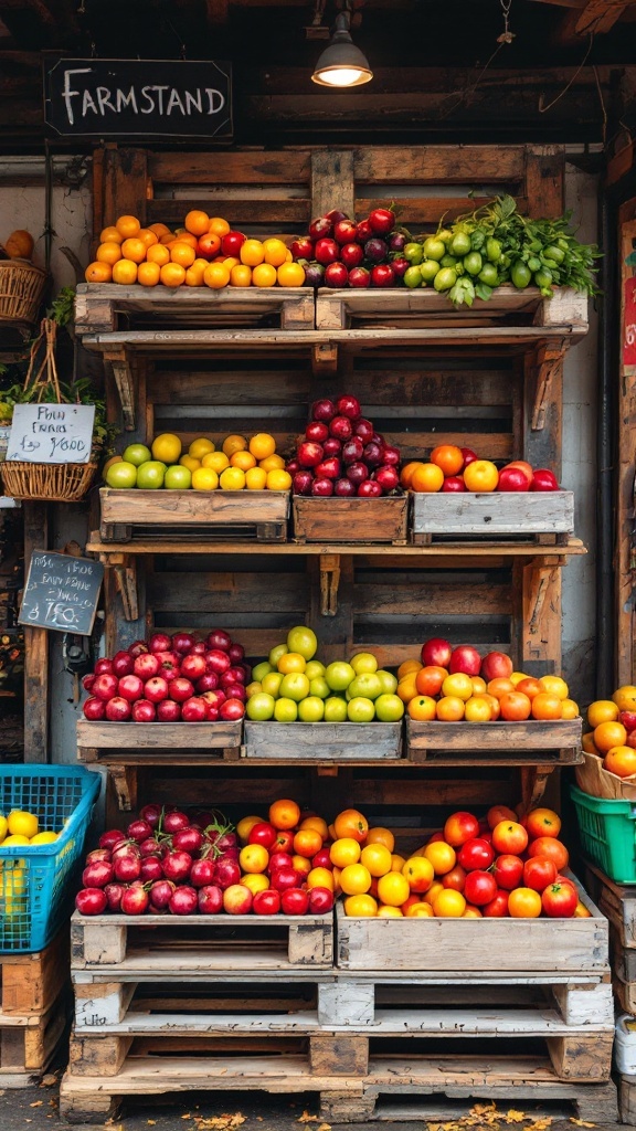 A farmstand display made of wooden pallets filled with various fruits.