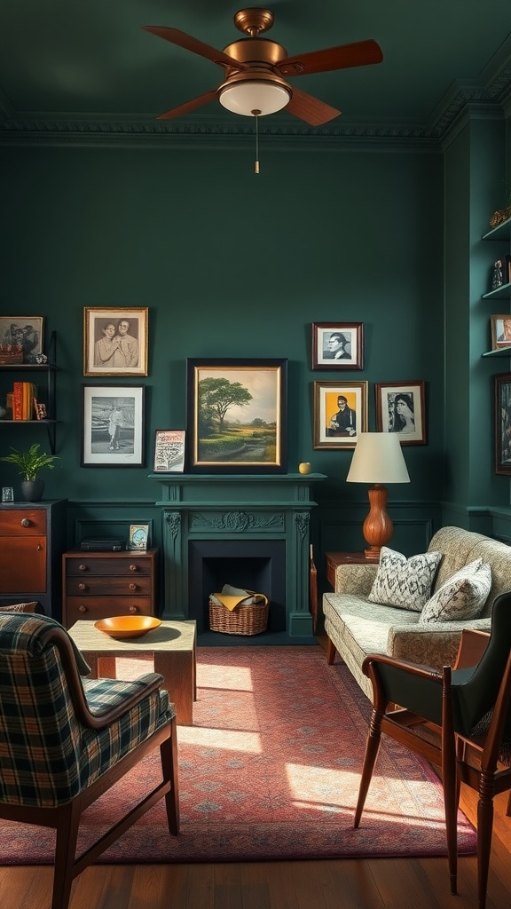 A retro-inspired living room featuring dark green walls, vintage furniture, and framed photos.