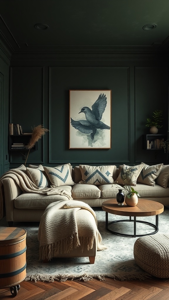 A cozy living room featuring dark green walls, a comfortable sofa with cushions, and a bird painting.