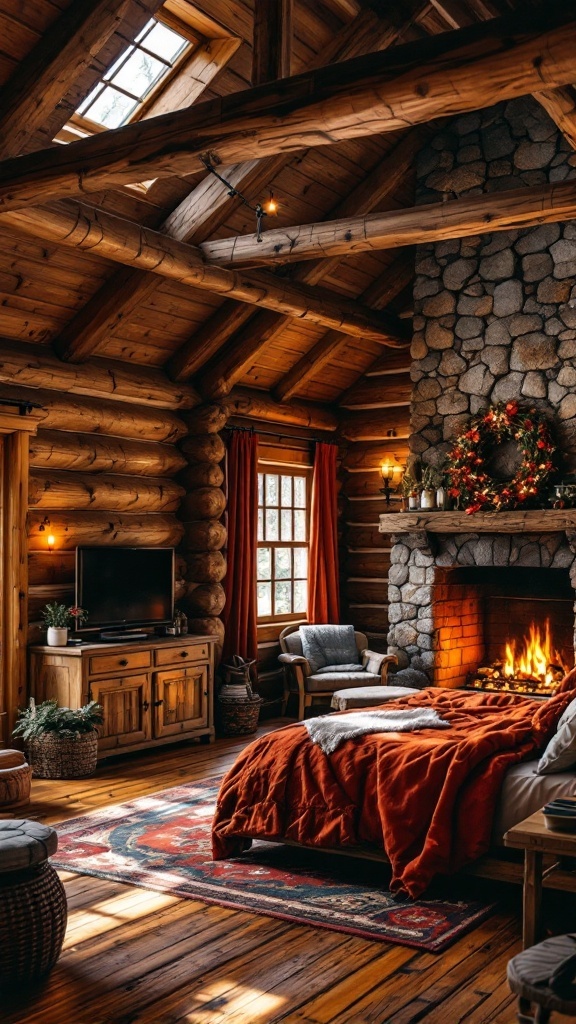 A rustic bedroom with wooden beams, a stone fireplace, and warm colors.