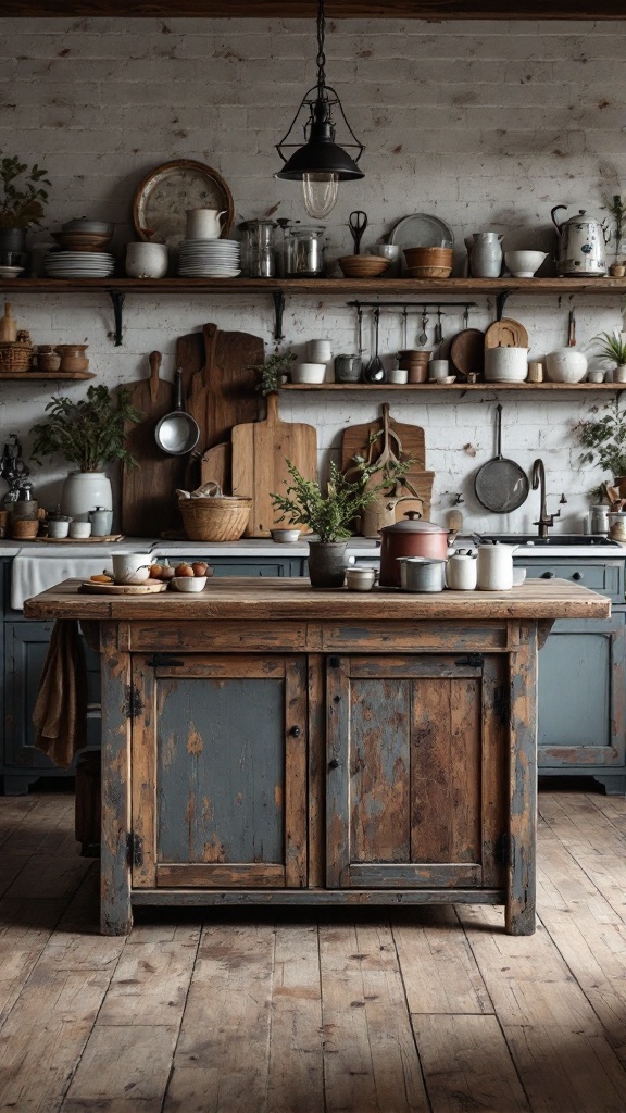 A rustic kitchen island made of weathered wood, surrounded by farmhouse decor and greenery.