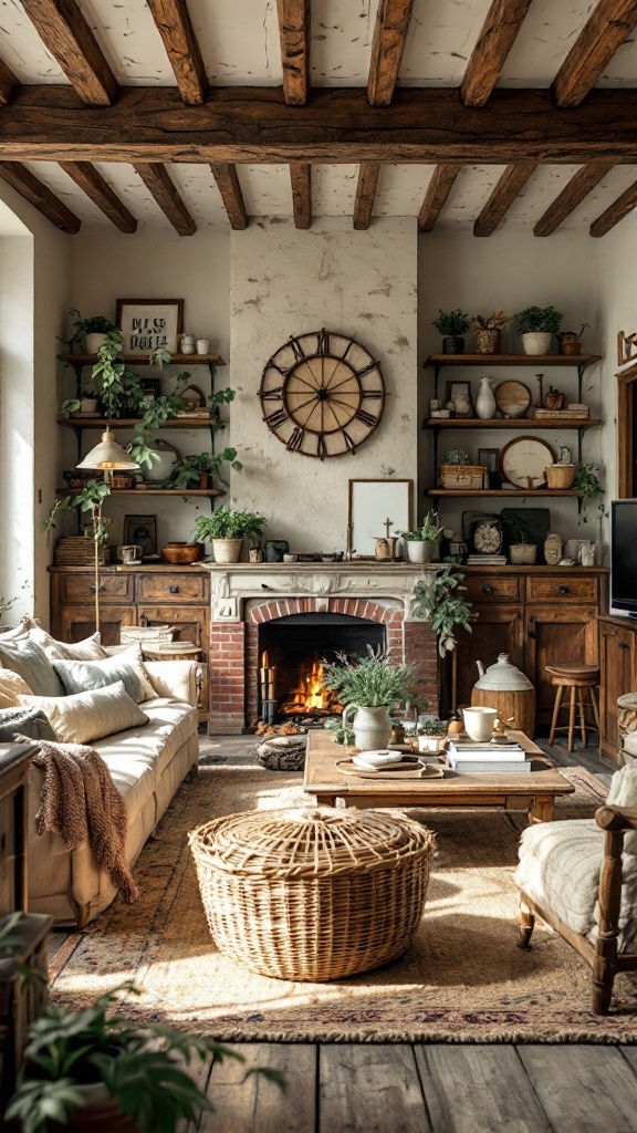 A cozy rustic farmhouse living room with wooden beams, plants, and a fireplace.