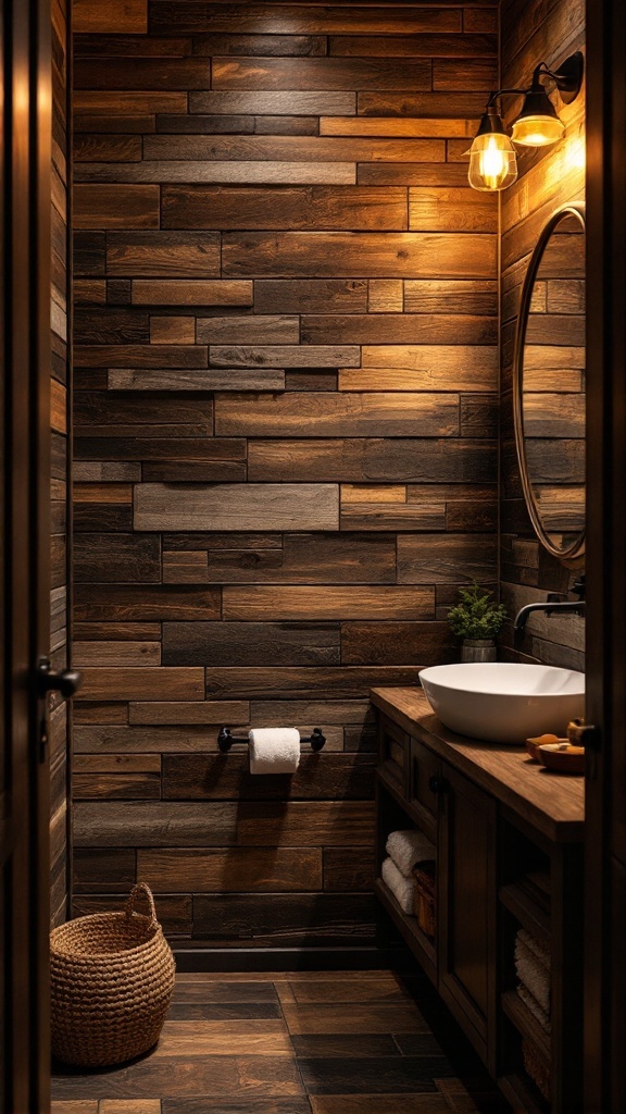 A rustic bathroom featuring wood textured walls and warm lighting.