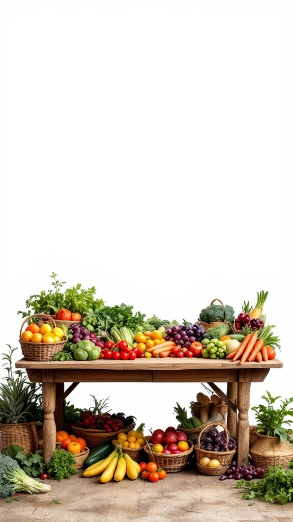 A rustic wooden display table filled with colorful fruits and vegetables.