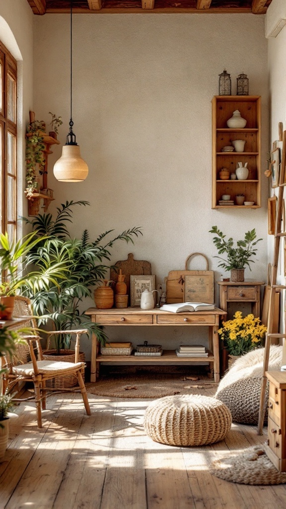 Cozy cottagecore room featuring rustic wooden furniture, plants, and soft textiles.