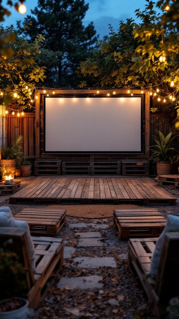 Rustic wooden pallet seating arranged for a backyard cinema