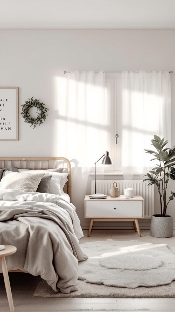 A cozy bedroom featuring Scandinavian minimalism with soft textures and neutral colors.