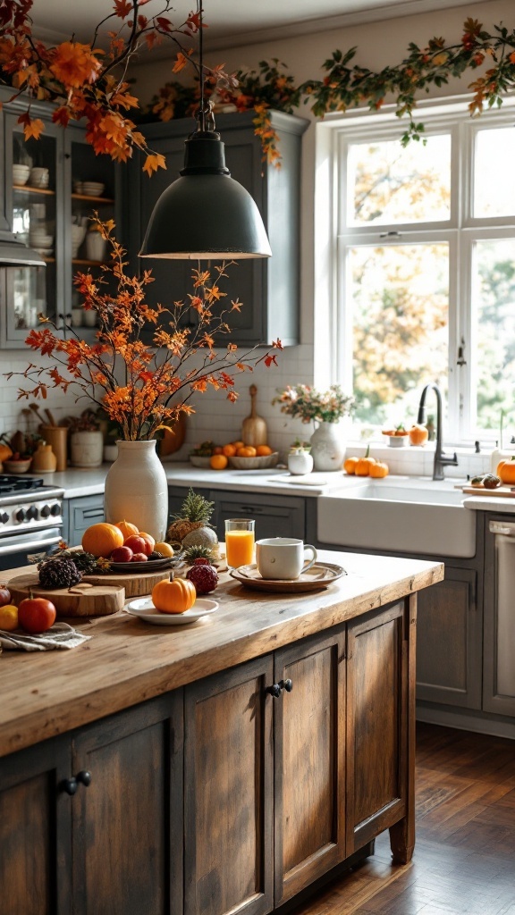 A beautifully styled kitchen island with autumn decor, featuring pumpkins and warm colors.