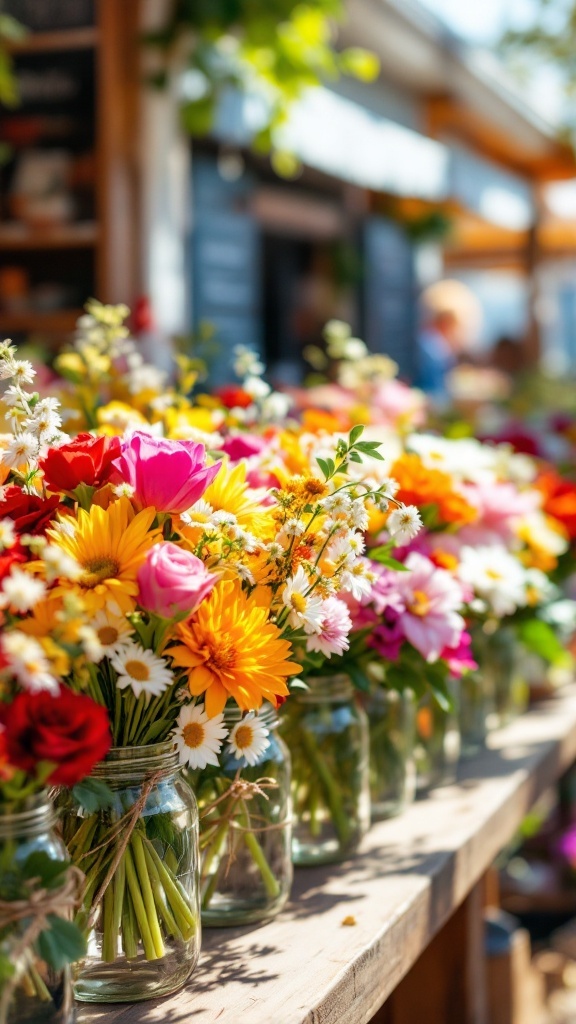 A selection of colorful seasonal flower bouquets in jars on a wooden table at a farmstand.