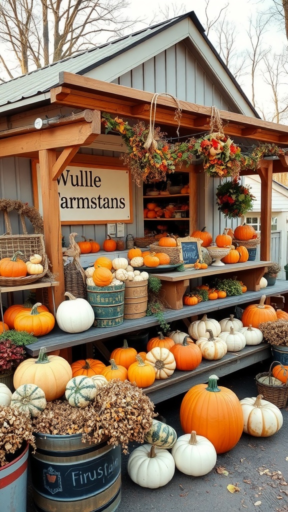 A charming farmstand decorated with pumpkins and autumn leaves