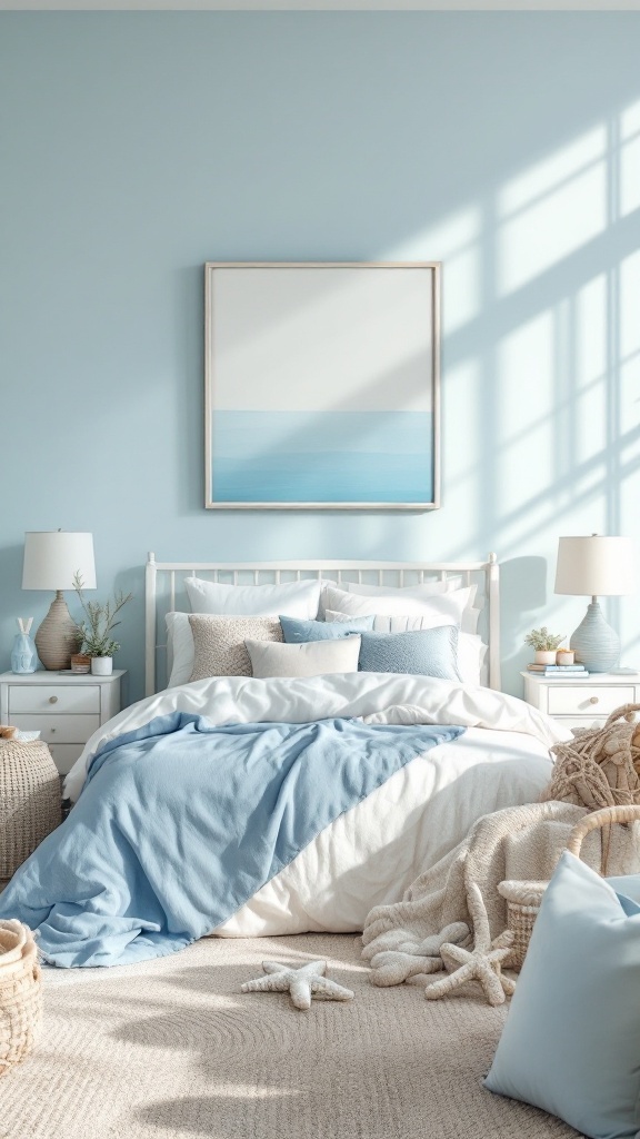 A serene coastal bedroom with soft blue walls, a cozy bed with white and blue linens, and beach-themed decor.