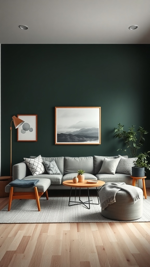 Scandinavian living room with dark green walls, gray sofa, wooden accents, and decorative plants.