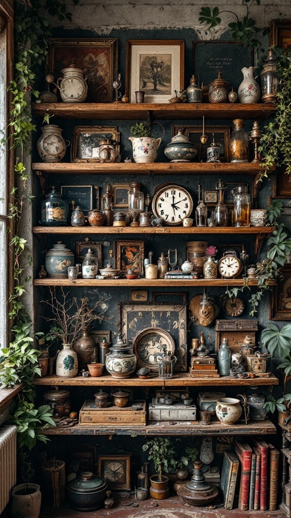 A rustic shelf filled with vintage items, plants, and framed artwork, creating a cozy cottagecore aesthetic.