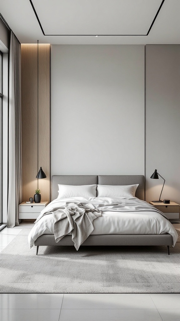 A modern bedroom featuring a minimalist design with a neutral color scheme.