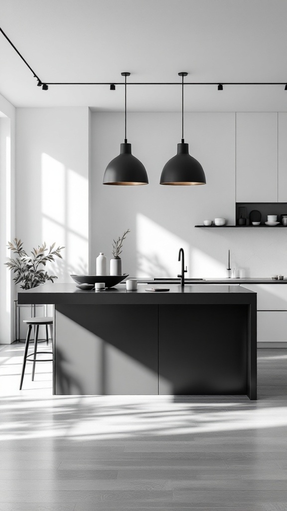 A sleek monochrome kitchen island with black cabinetry and pendant lighting.