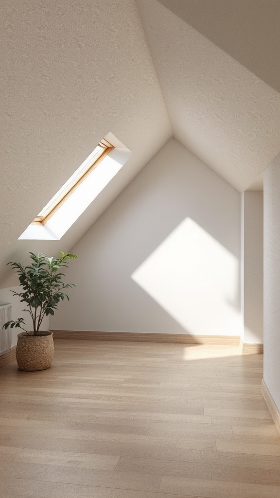 Room with sloped ceiling, skylight, and a potted plant