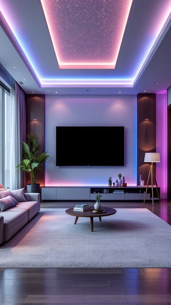 Modern living room showcasing smart ceiling technology with colorful LED lights.