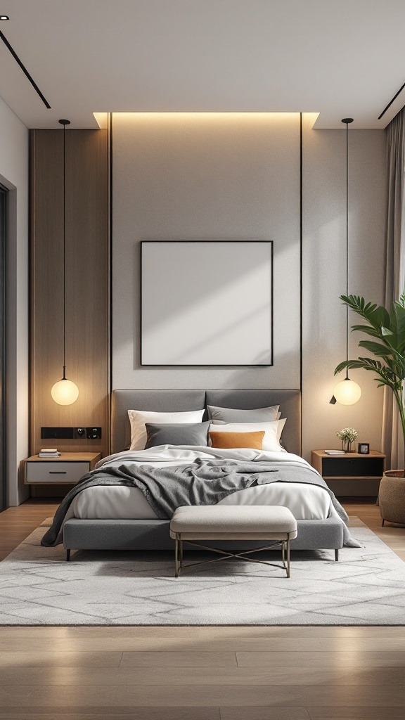 Modern bedroom with smart tech integration, featuring sleek design and ambient lighting.