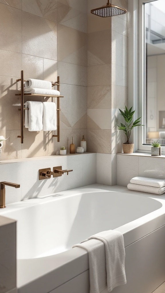 A modern wet room bathroom featuring a bathtub and stylish decor.