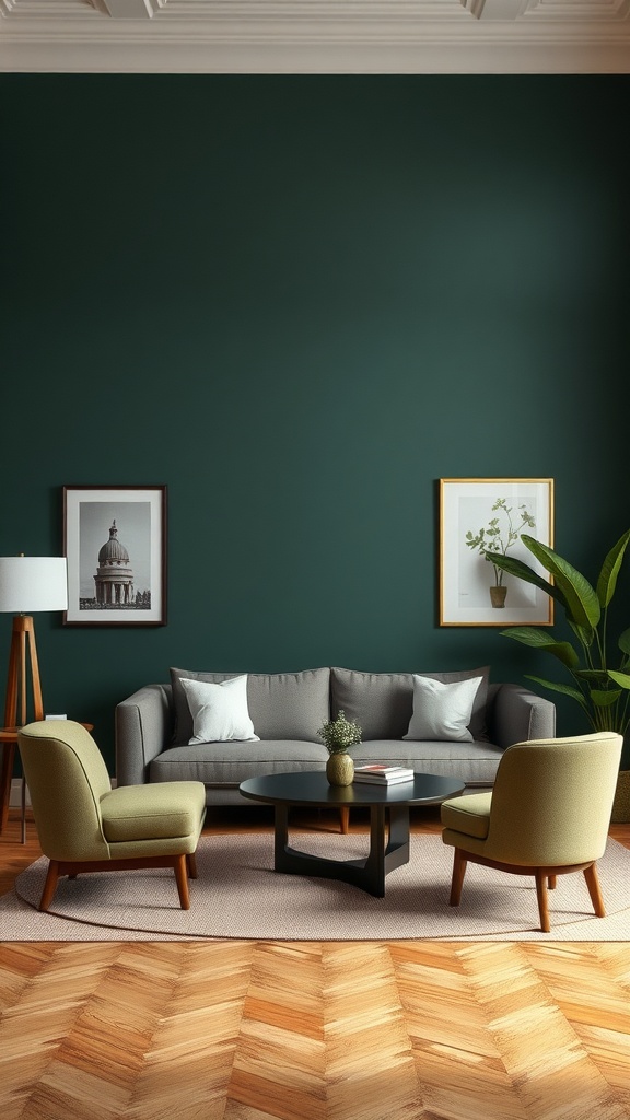 Contemporary living room with dark green walls, gray sofa, and green armchairs.