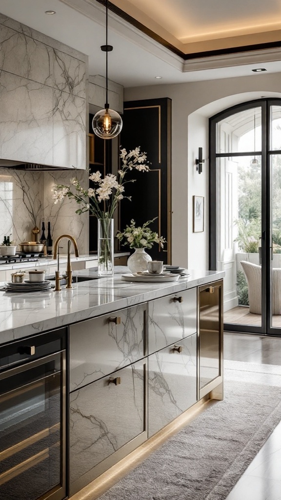 A sophisticated kitchen island with marble countertop and sleek cabinetry.