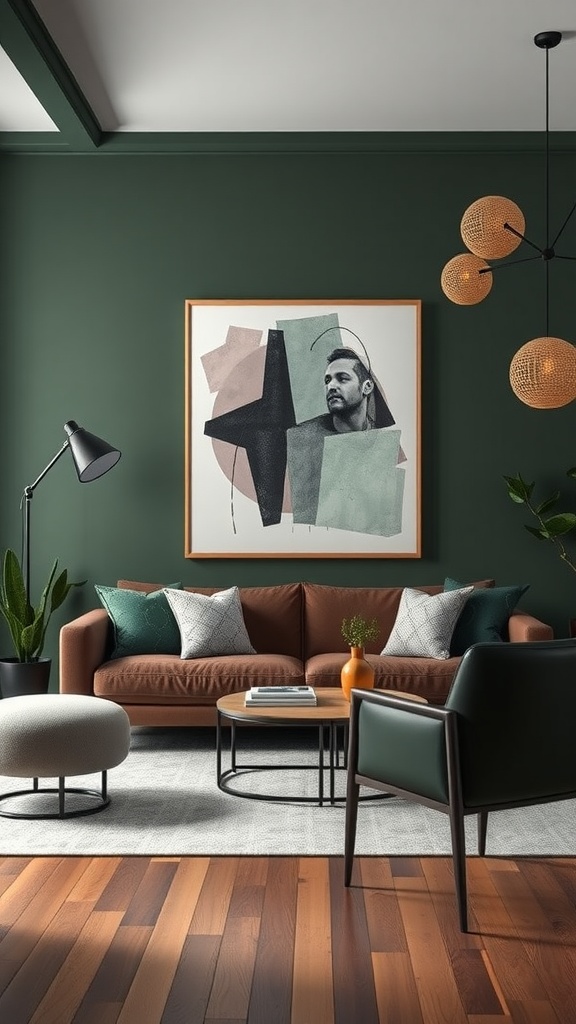 A stylish living room featuring dark green walls, a brown sofa, and modern decor.