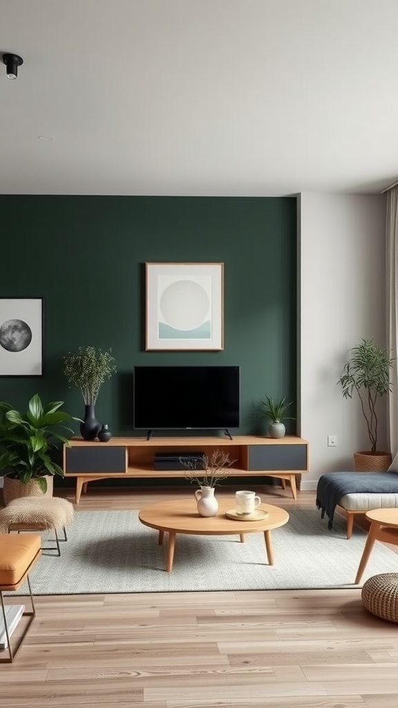 A cozy living room featuring dark green walls, wooden furniture, and plants.