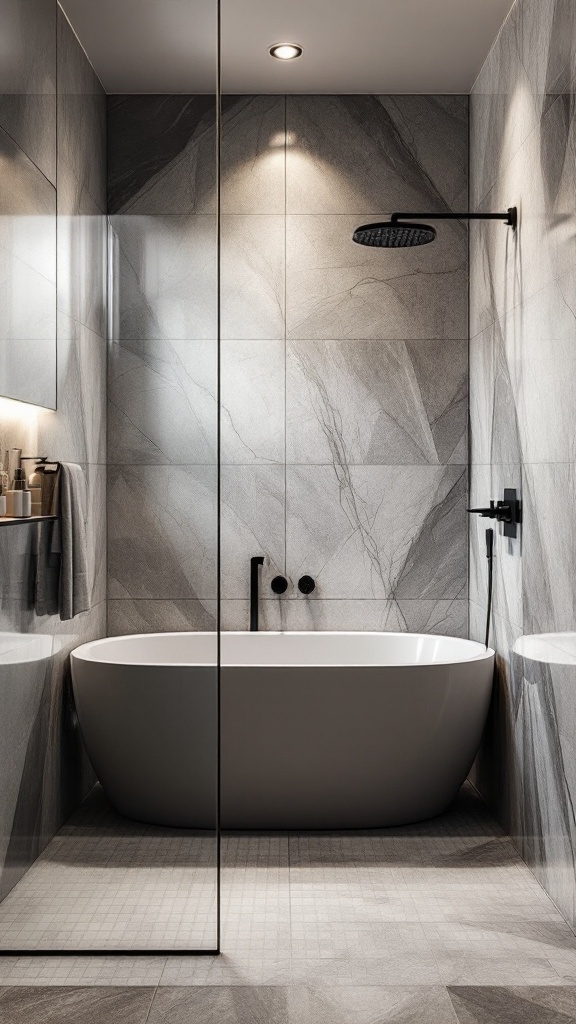 A modern wet room bathroom with a freestanding tub and a glass shower enclosure.