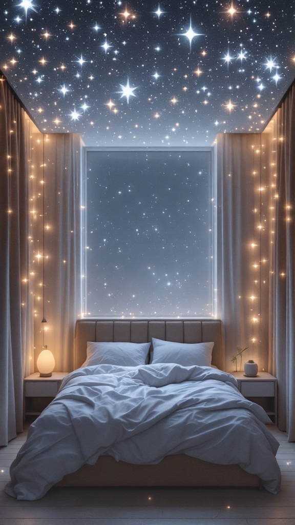 A cozy bedroom with a starlit ceiling, featuring twinkling stars and warm lights.