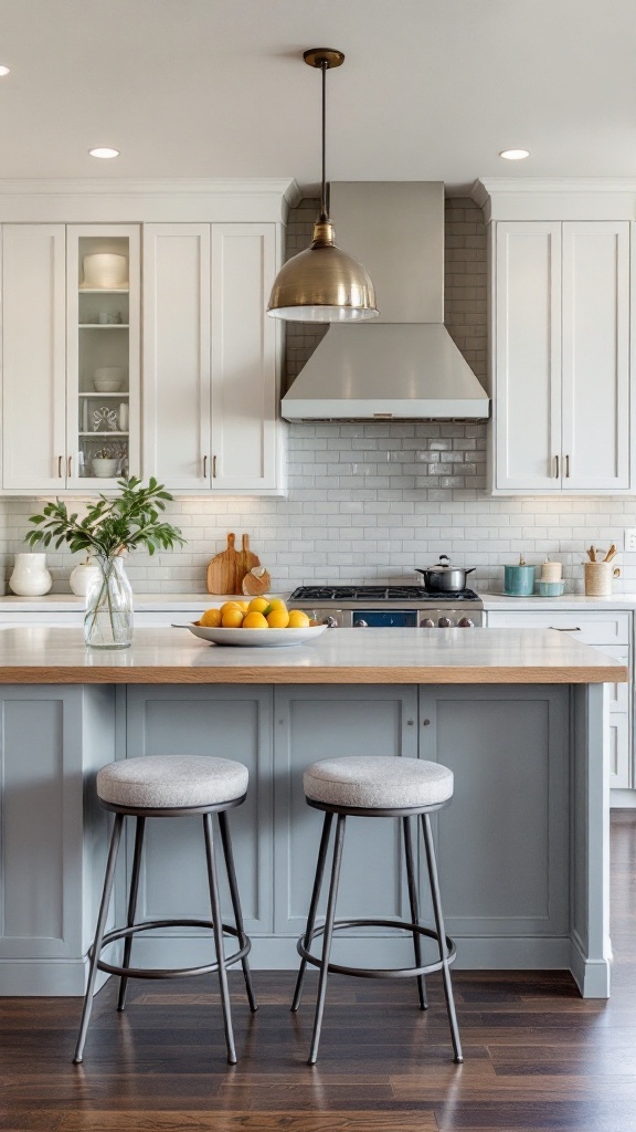 A modern kitchen island with two stylish bar stools and a bowl of lemons.