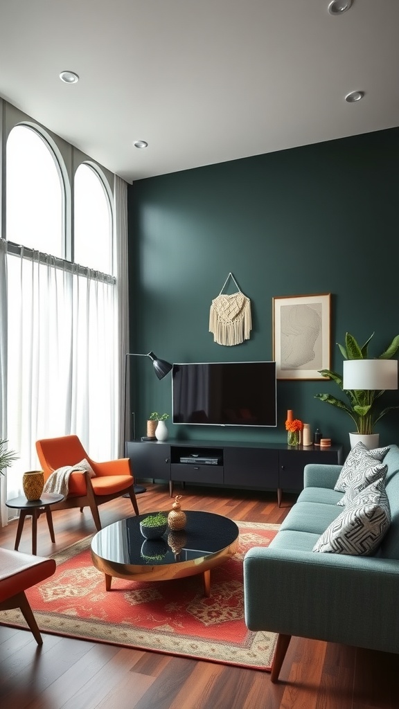 Mid-century modern living room featuring dark green walls, orange chairs, and a cozy atmosphere.