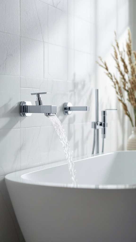 Stylish wall-mounted black faucets above a modern bathtub.