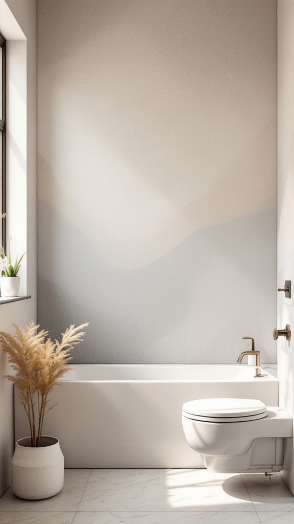 A bathroom with subtle ombre wallpaper, featuring a bathtub and potted plant.