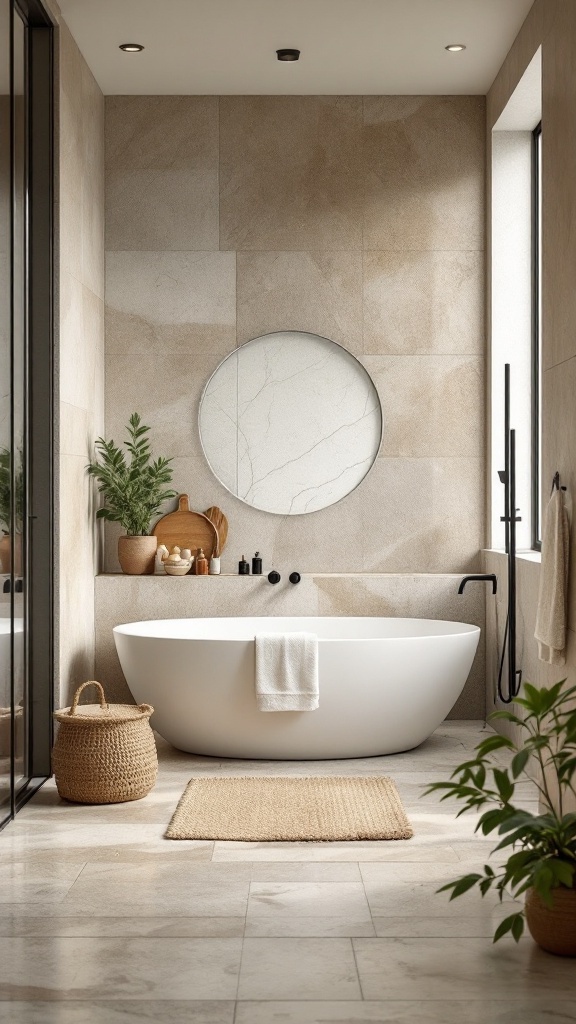 A modern wet room bathroom featuring a freestanding tub, natural stone tiles, and plants.