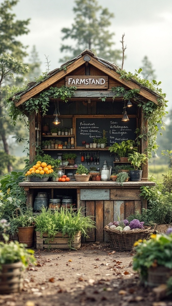 A charming farmstand made of sustainable materials, surrounded by fresh produce and greenery.