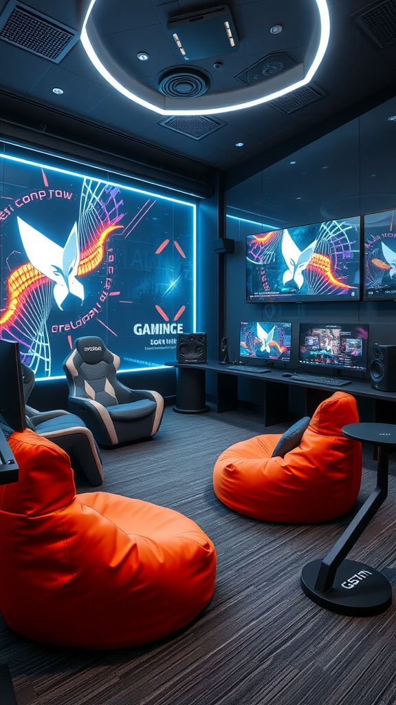 A modern gaming room featuring bean bags and multiple screens.