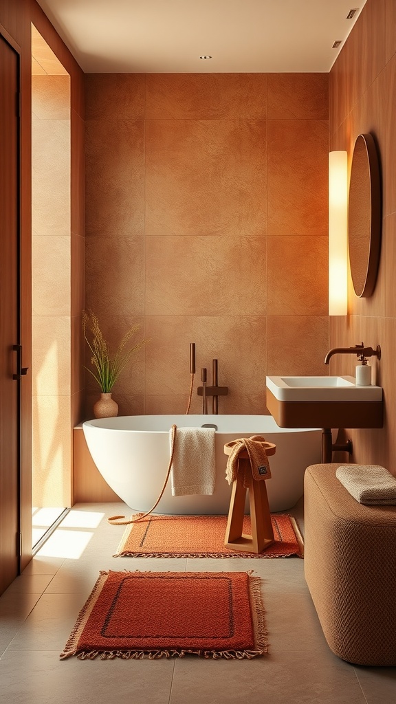 A modern bathroom featuring a terracotta color scheme with matte textiles.