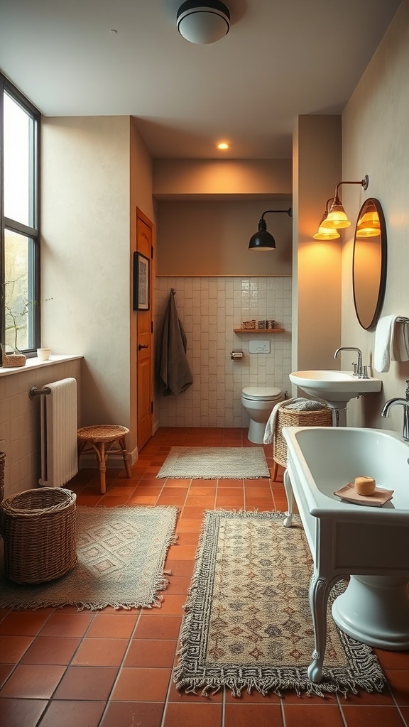 A cozy bathroom featuring terracotta floor tiles, a vintage bathtub, and natural light.