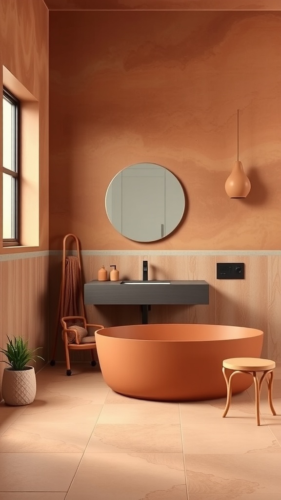 Modern bathroom design with terracotta elements, featuring a round bath and warm earthy tones.